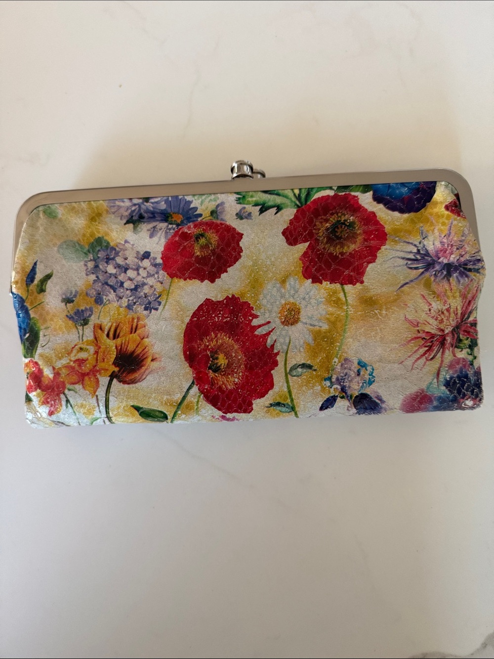 Hobo double sided folding Leather wallet Spring Floral Teal lining organization
